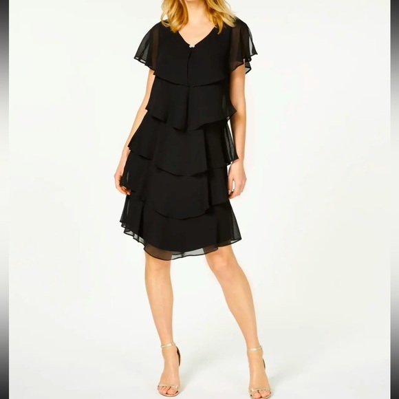 Women’s Formal Dress SLNY Black Tier Short Sheer Caped overlay Flow Gown - Picture 1 of 6